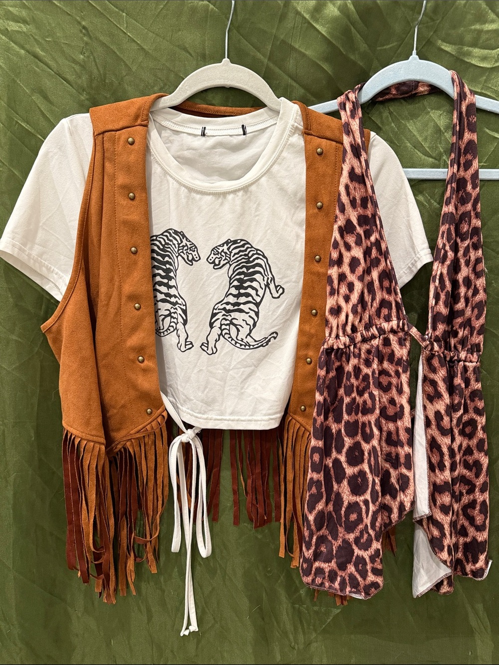 Fringed Faux Suede Vest + backless Tiger crop shirt + leopard halter top | M-L